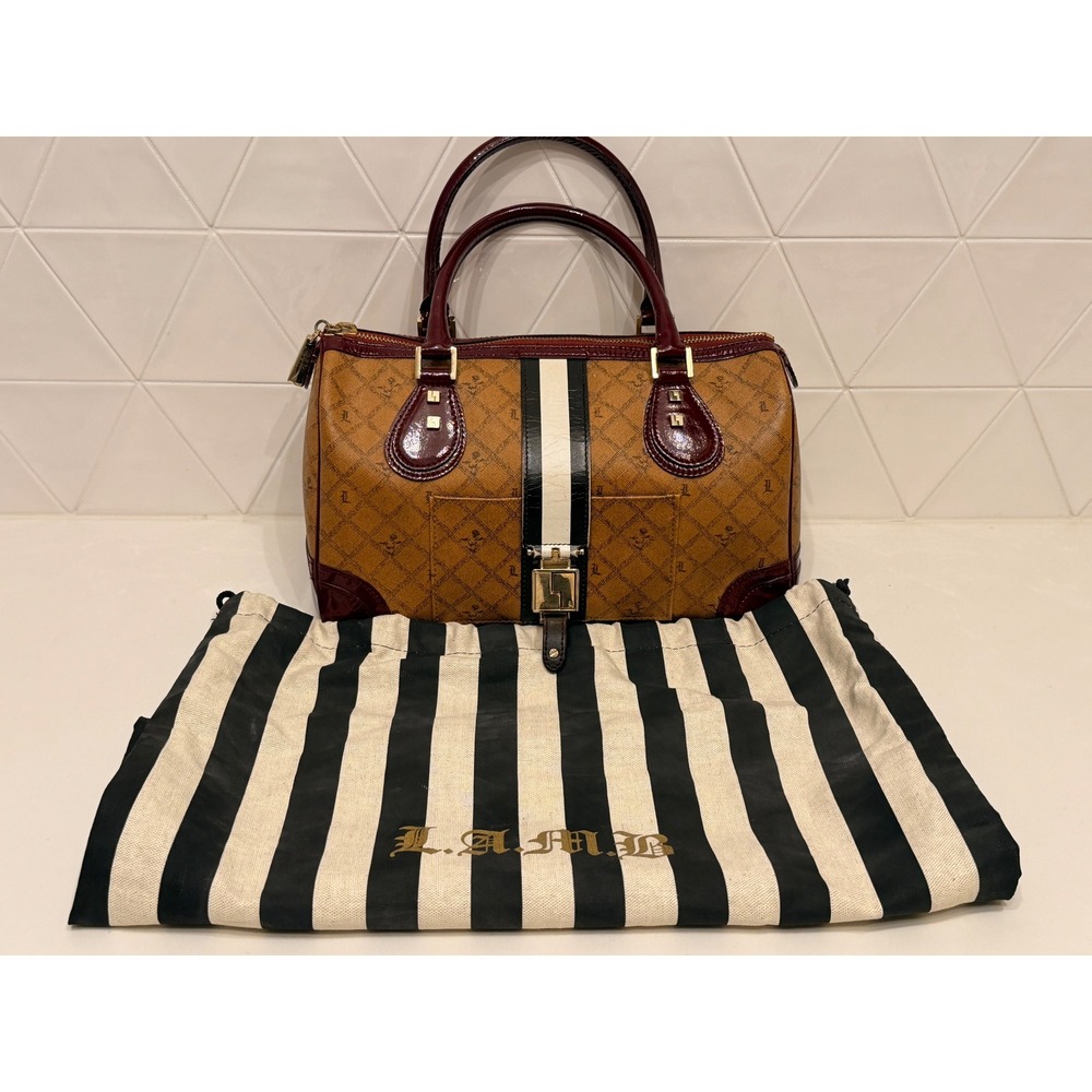 L.A.M.B. Satchel Bag Brown Monogram Stripe Leather Trim Gwen Stefani Purse